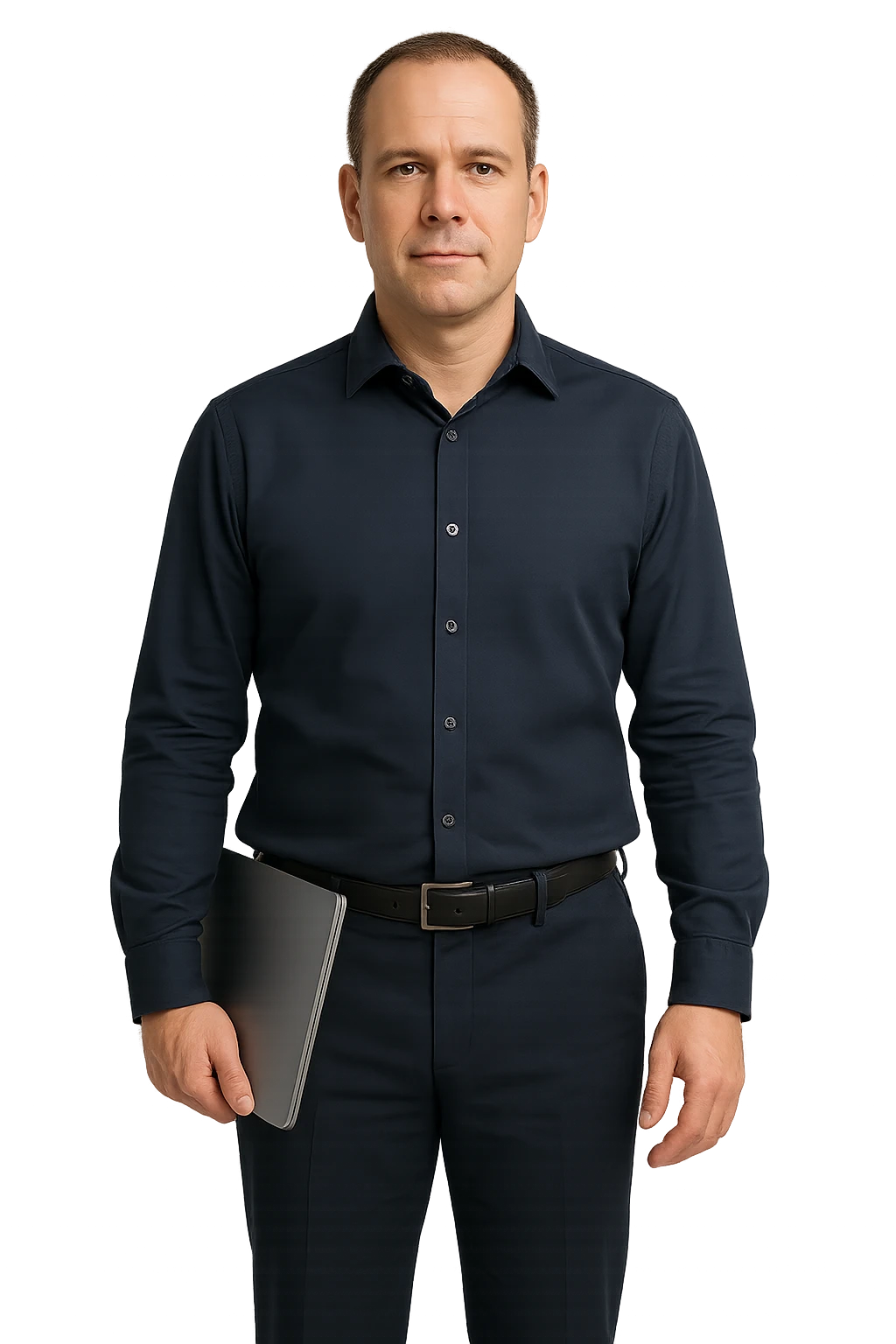 Business leader evaluating an AI assistant on a laptop, arms crossed
