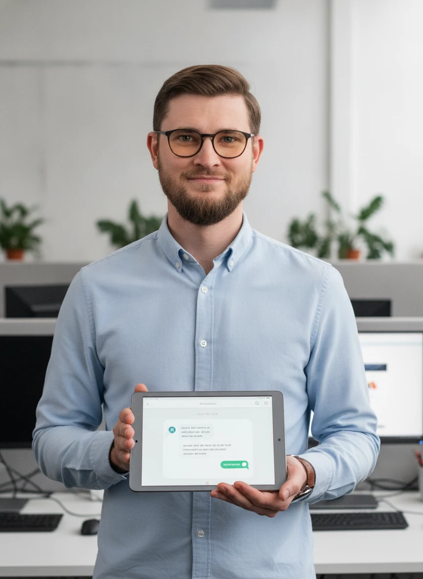 Jeff Tilley holding a tablet with an AI chat open