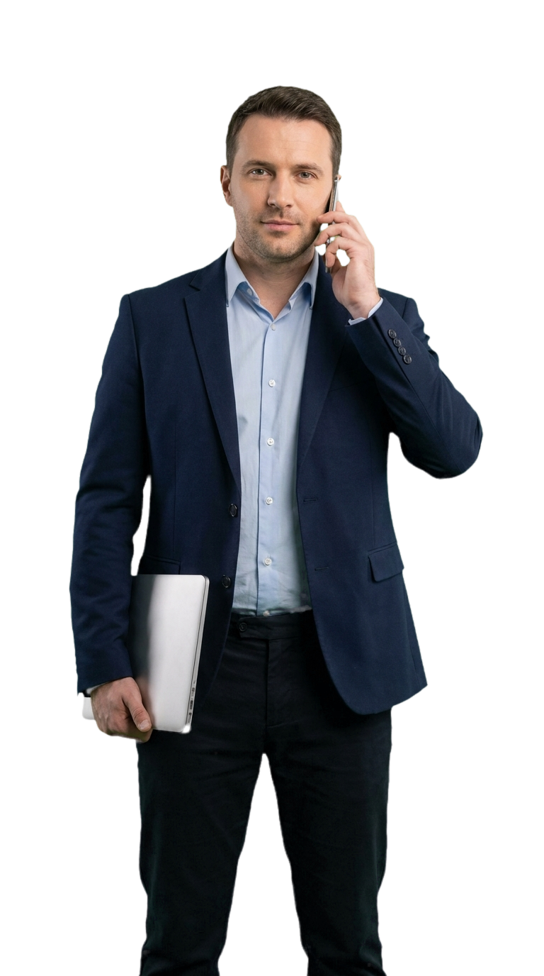 B2B sales professional on a call, holding a laptop