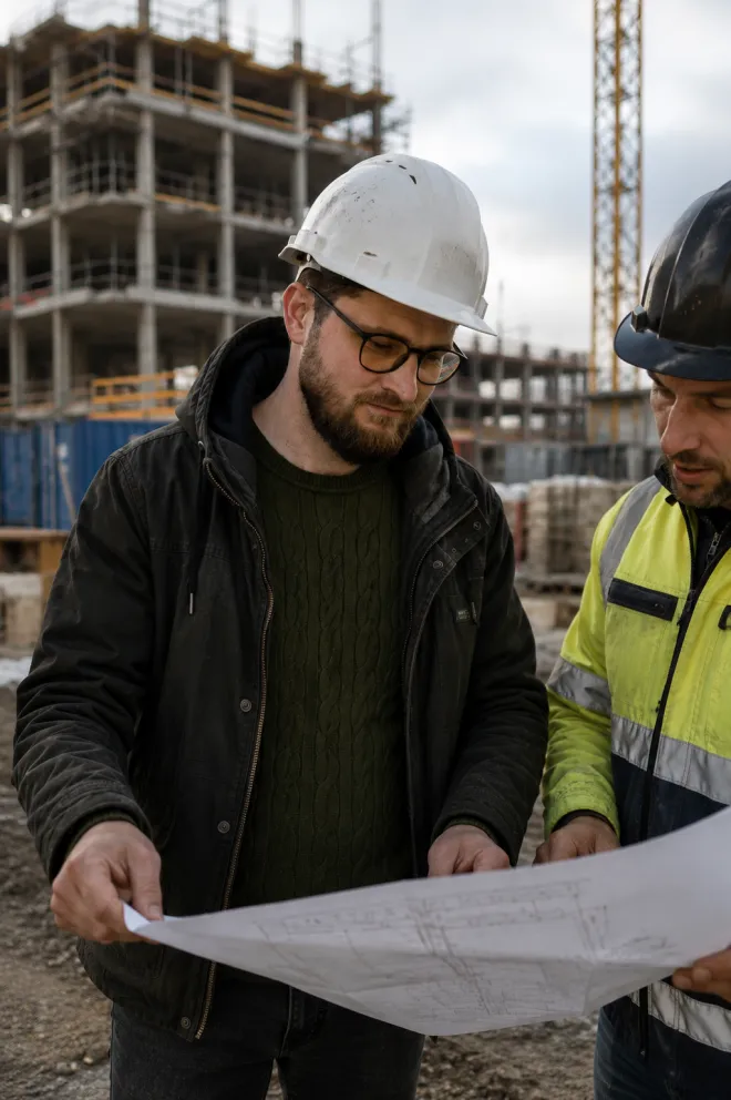 Jeff Tilley reviewing plans on a construction site