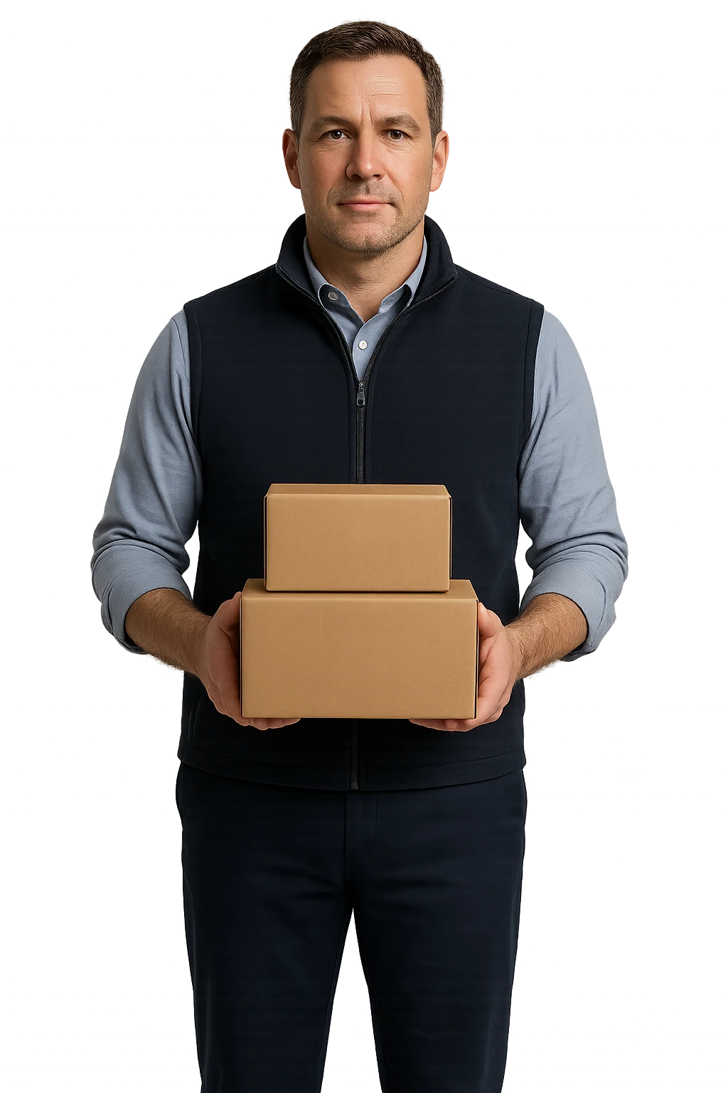 Distribution business owner carrying parcel boxes