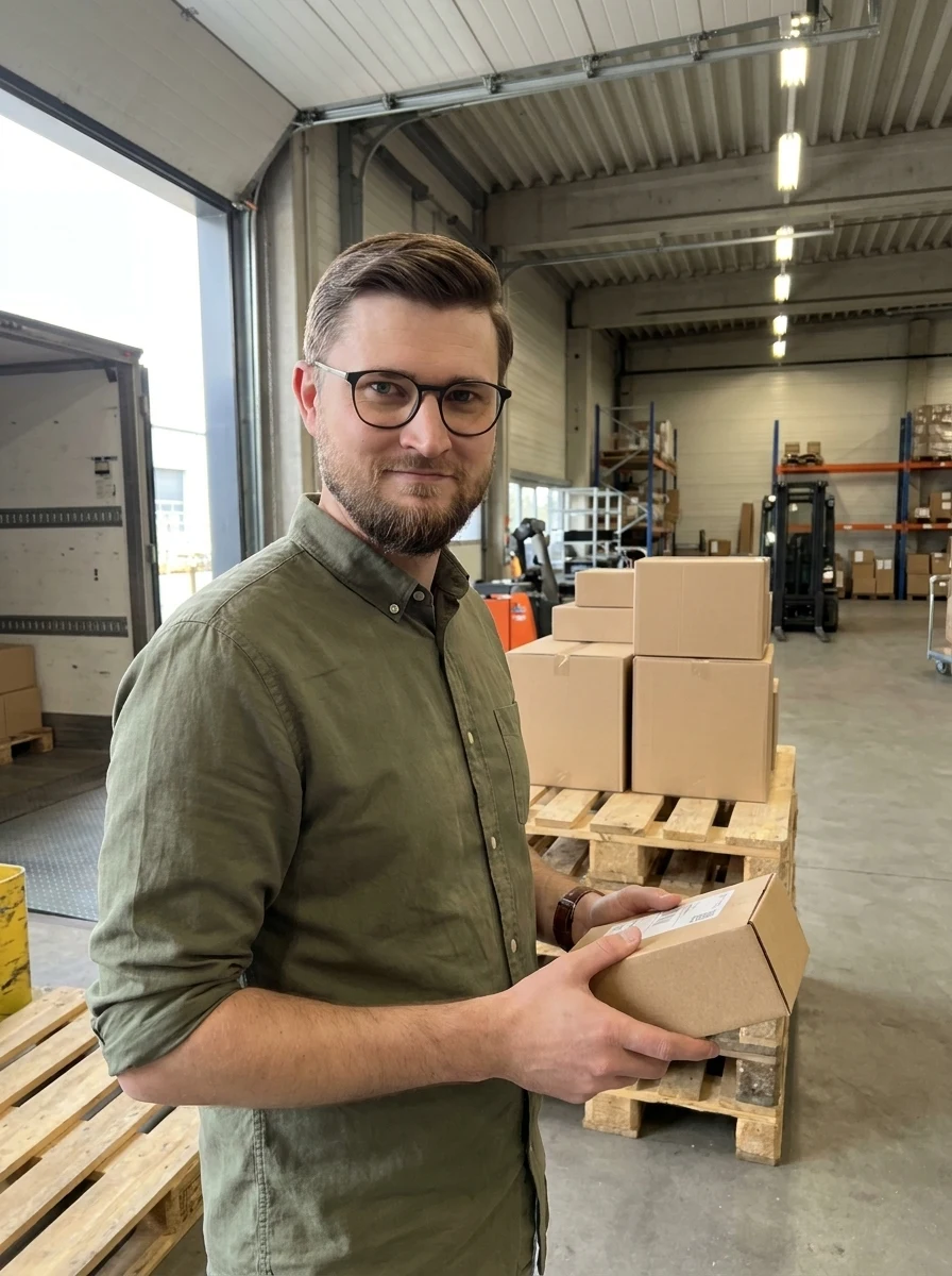 Jeff Tilley at a warehouse loading dock holding a parcel