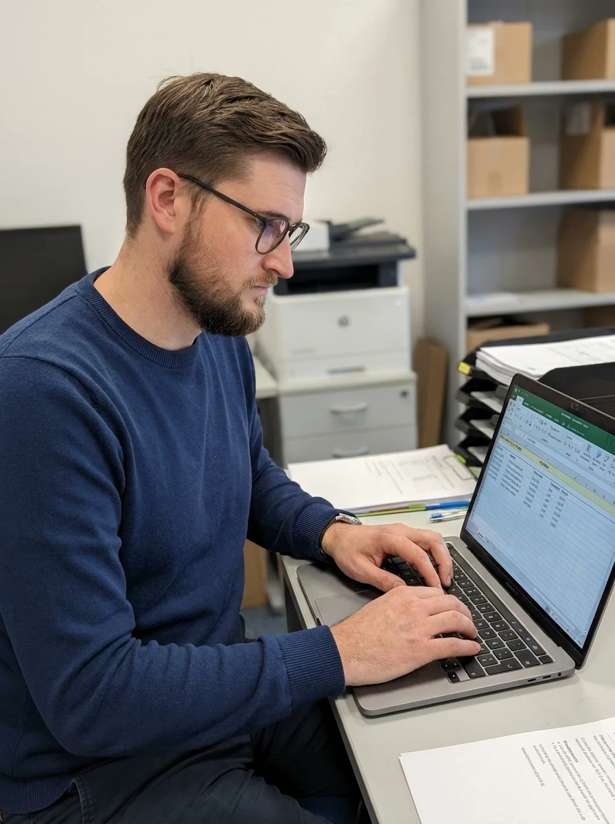 Jeff Tilley working at a laptop with a spreadsheet open