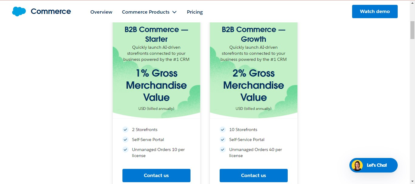 Screenshot of Salesforce Commerce products pricing options: Starter and Growth. 