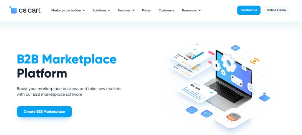 Screenshot of b2b marketplace platform page on CS Cart website