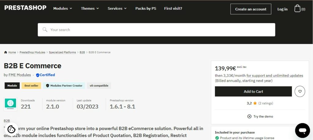 Screenshot of prestashop website's page with b2b e commerce pricing