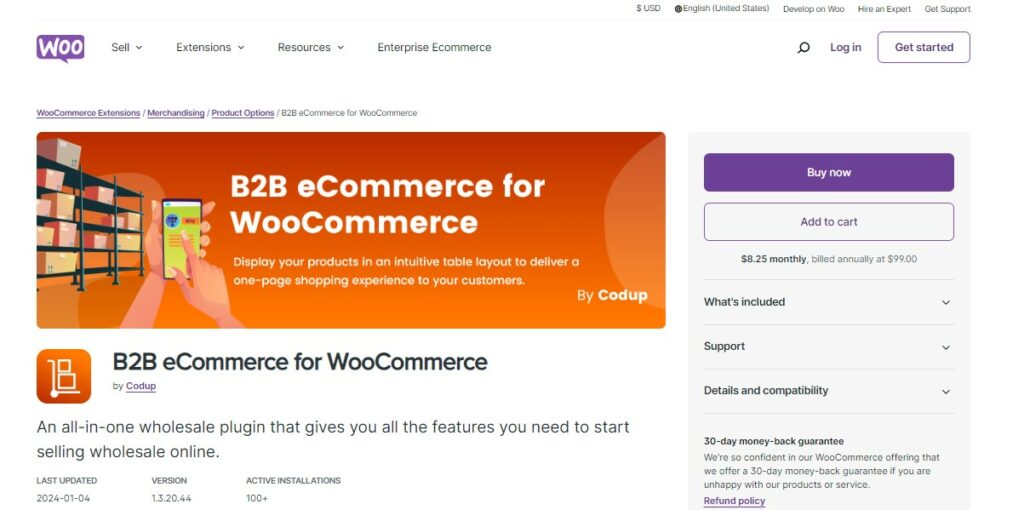 Screenshot of the B2B ecommerce page on WooCommerce Site