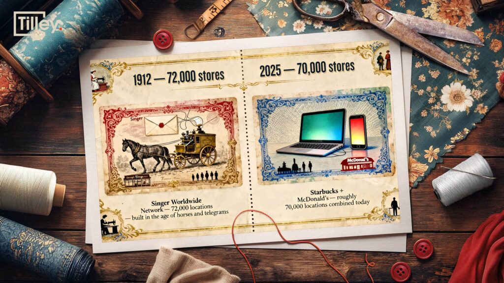 the number of Singer's shops in 1912 vs Starbucks and McDonald’s shops in 2025