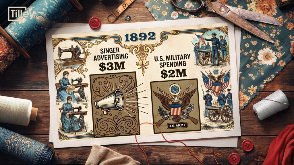 Singer's ads budget vs US government spent on military in 1892