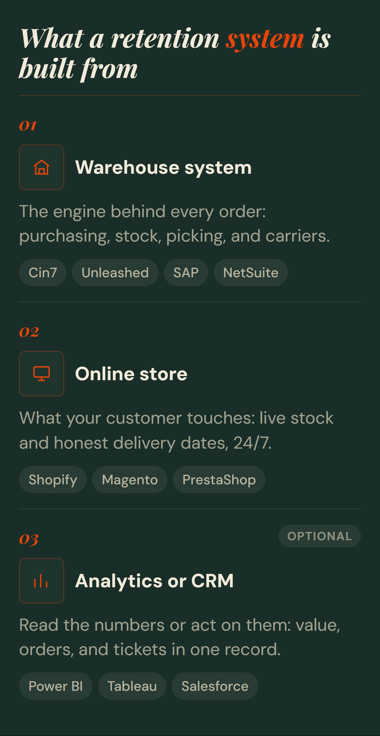 What a retention system is built from: warehouse system (Cin7, Unleashed, SAP, NetSuite), online store (Shopify, Magento, PrestaShop), and optional analytics or CRM (Power BI, Tableau, Salesforce)