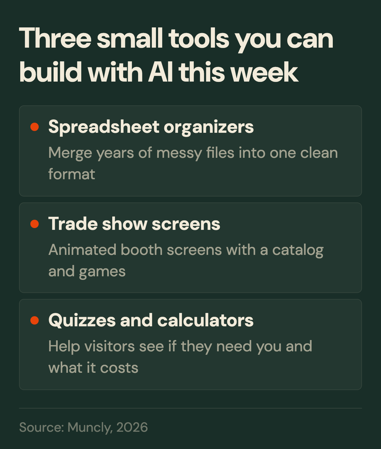Three small tools you can build with AI this week: spreadsheet organizers, trade show screens, and quizzes and calculators